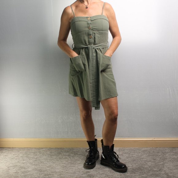 Olive Green Halter Spaghetti Strap Mini Dress with Pockets and Buttons Size S - Picture 4 of 11